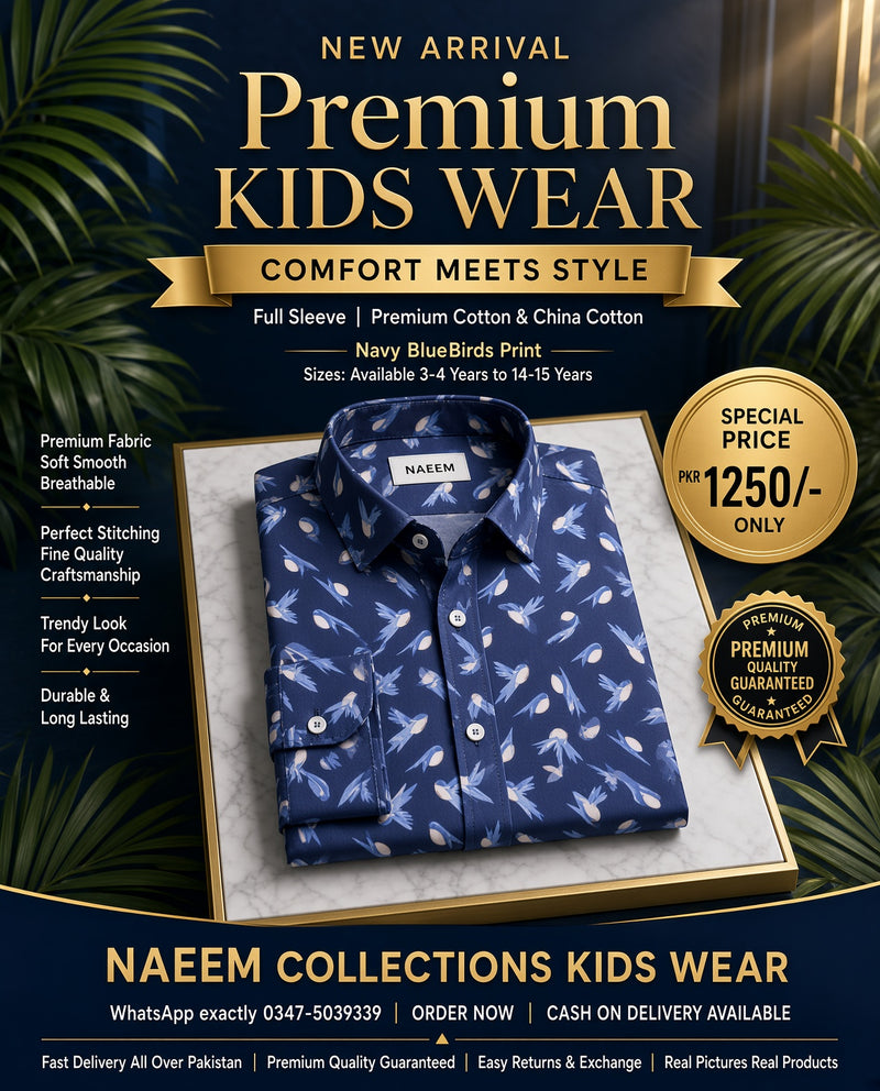 **Navy Blue Birds Print Kids Shirt**