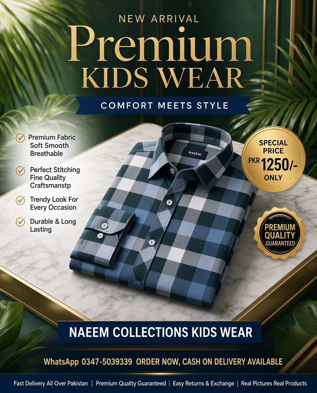 Navy Blue & Grey Check Kids Shirt