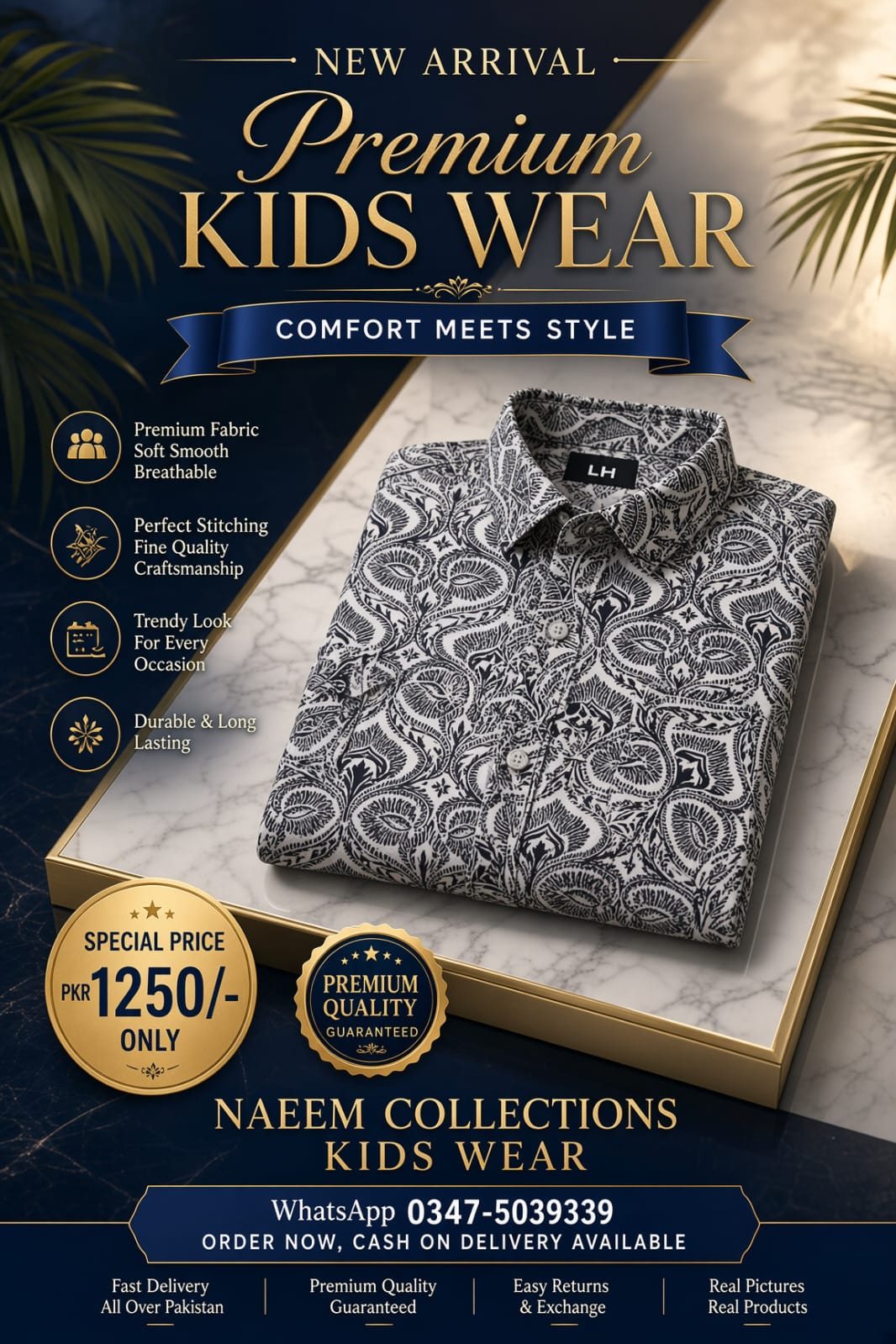 Premium Kids Printed Shirt – Black & White Paisley